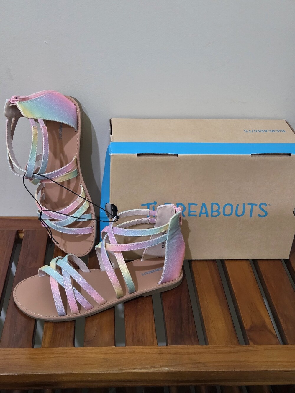 THREABOUTS Girls' Pastel Rainbow Strappy Sandals Size 4M
